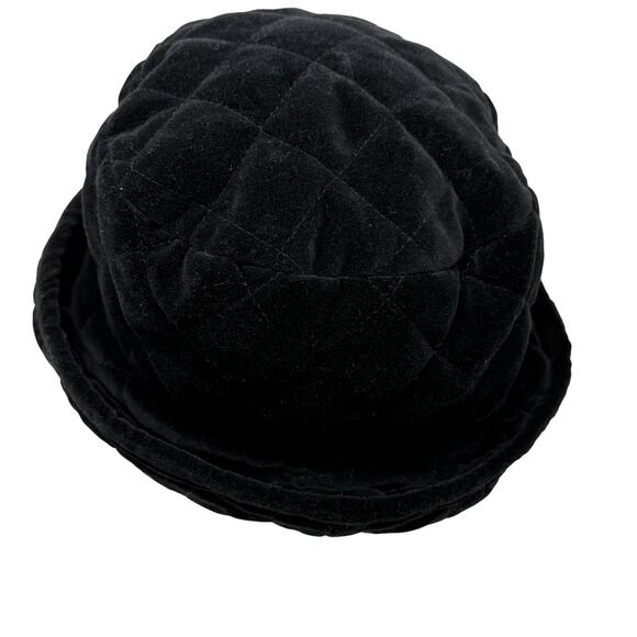 Black Crushed Velvet with Quilted Rhombus Cloche Hat 100% Cotton Foldable Brim - Picture 1 of 4